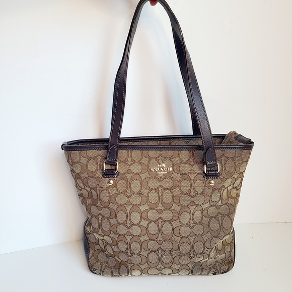 COACH Signature Tote Zip Top Gallery Bag Jacquard Leather Gold Brown Bag F58282 - Picture 1 of 13